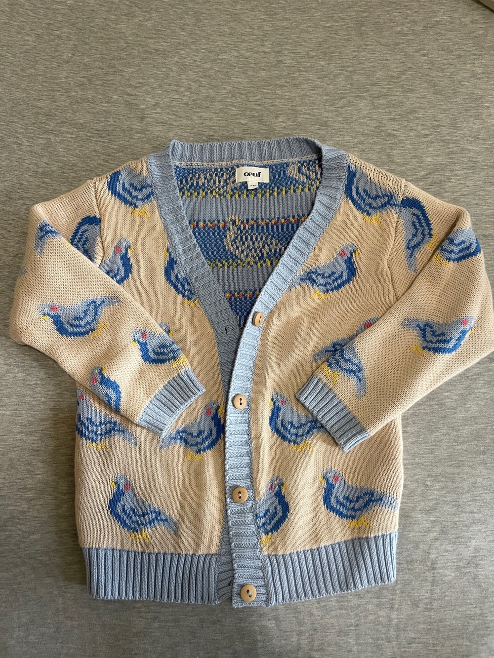 Oeuf Blue Trim Beige Cardigan with Blue pigeon Motif